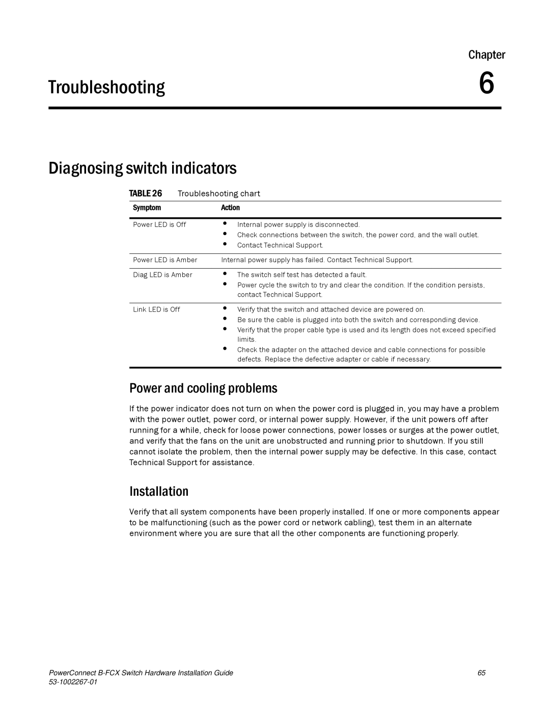 Dell B-FCX Diagnosing switch indicators, Power and cooling problems, Installation, Troubleshooting chart, Symptom Action 