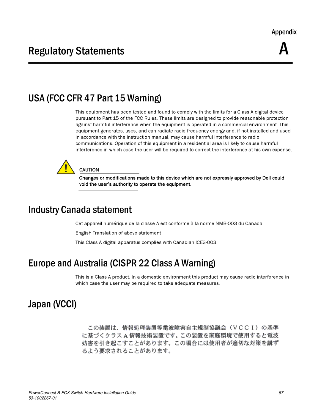 Dell B-FCX manual USA FCC CFR 47 Part 15 Warning, Industry Canada statement, Europe and Australia Cispr 22 Class a Warning 