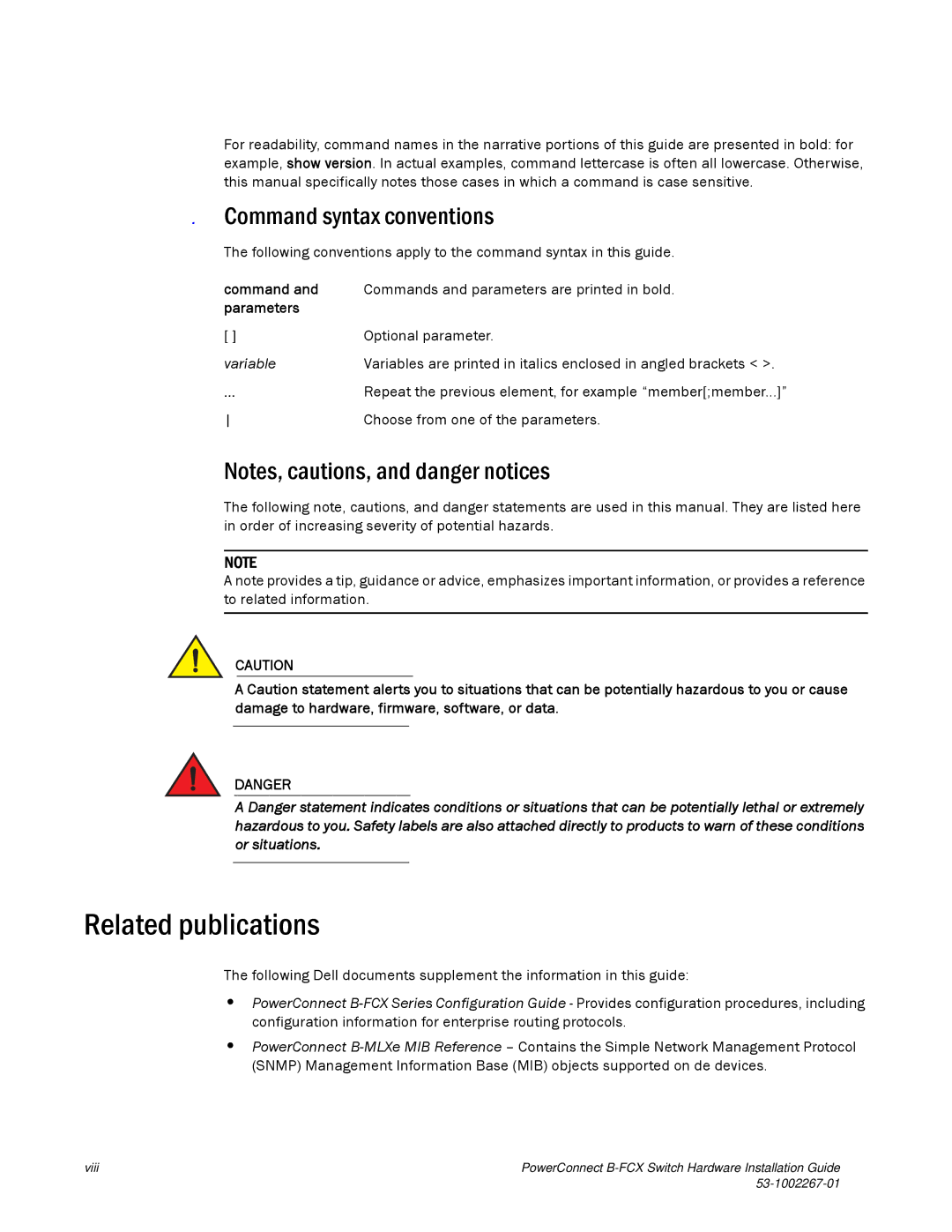 Dell B-FCX manual Related publications, Command syntax conventions, Command Parameters 