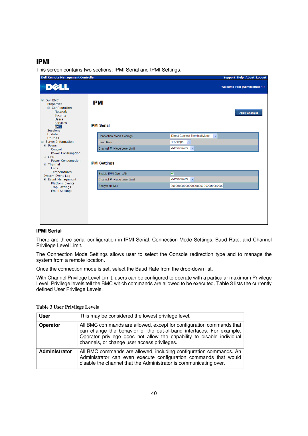 Dell B02S, C410x manual Ipmi Serial, User, Operator, Administrator 