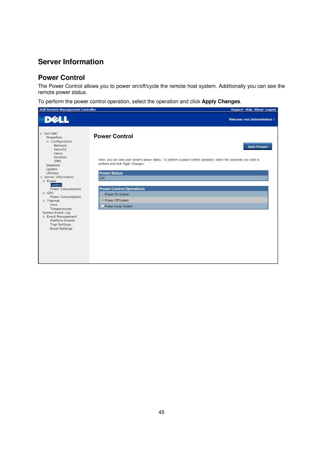 Dell C410x, B02S manual Server Information, Power Control 