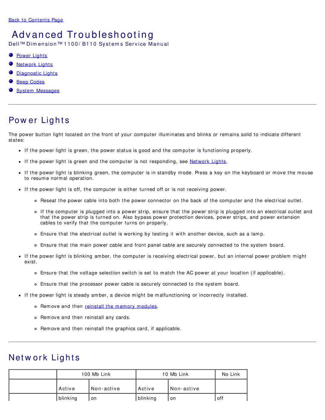 Dell B110 Advanced Troubleshooting, Power Lights, Network Lights, Remove and then reinstall the memory modules 