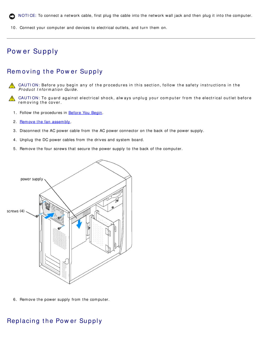 Dell B110 service manual Removing the Power Supply, Replacing the Power Supply 