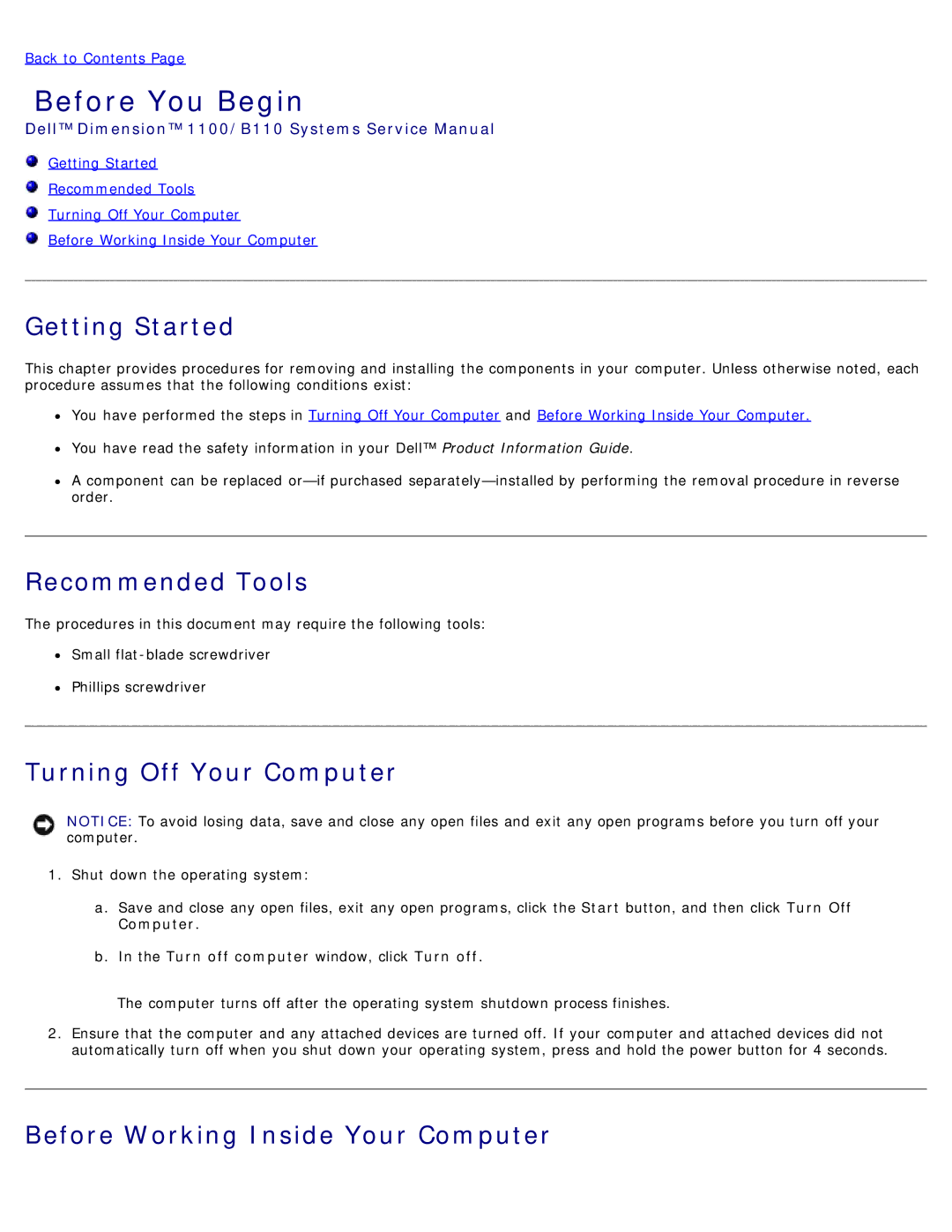 Dell B110 service manual Before You Begin, Getting Started, Recommended Tools, Turning Off Your Computer 