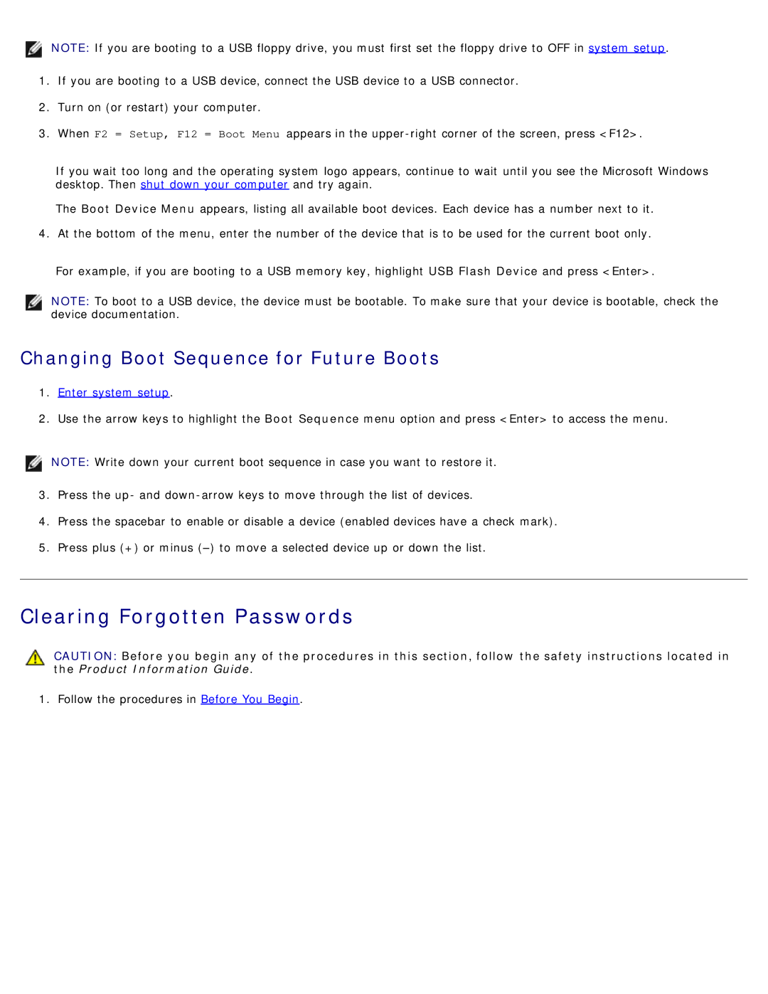 Dell B110 service manual Clearing Forgotten Passwords, Changing Boot Sequence for Future Boots, Enter system setup 