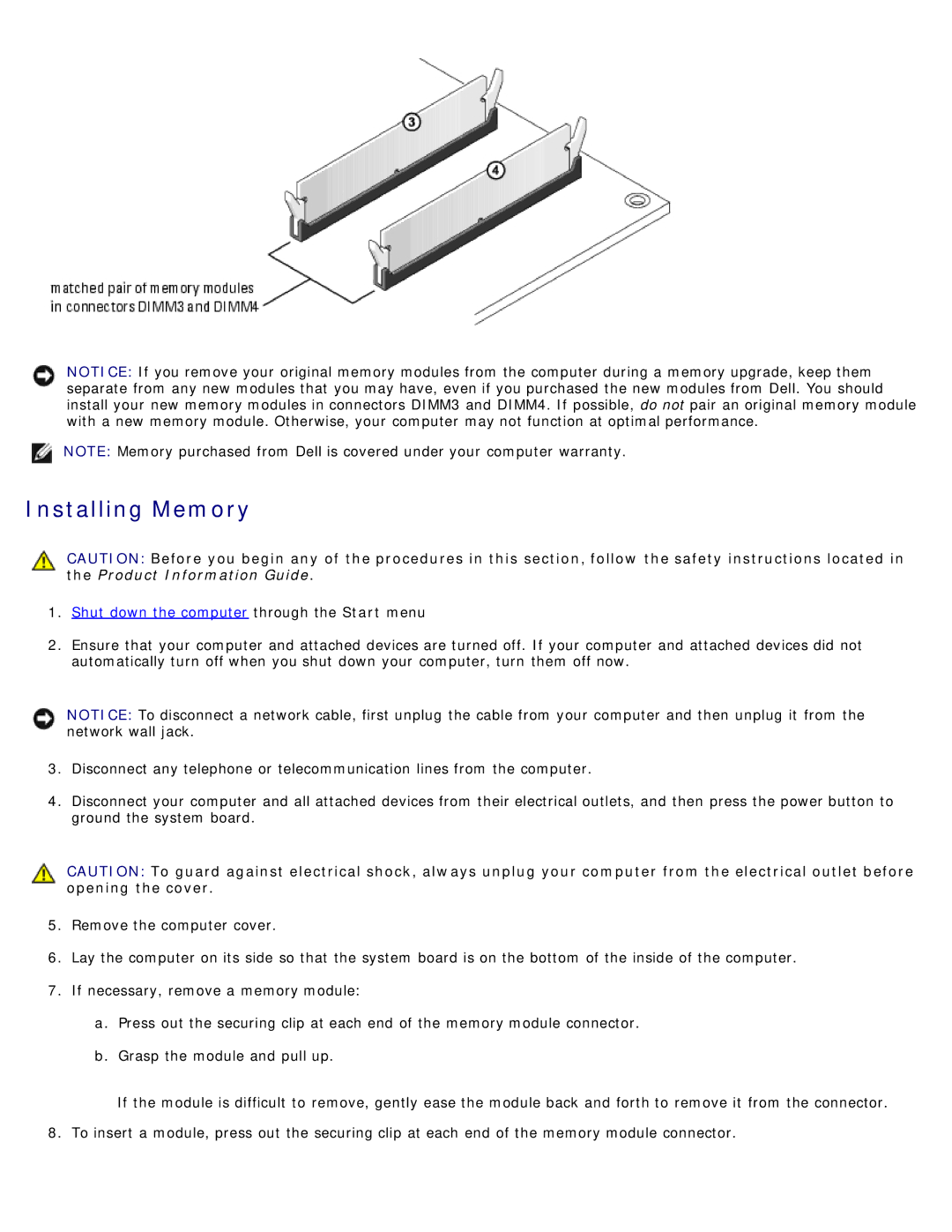 Dell B110 service manual Installing Memory, Shut down the computer through the Start menu 