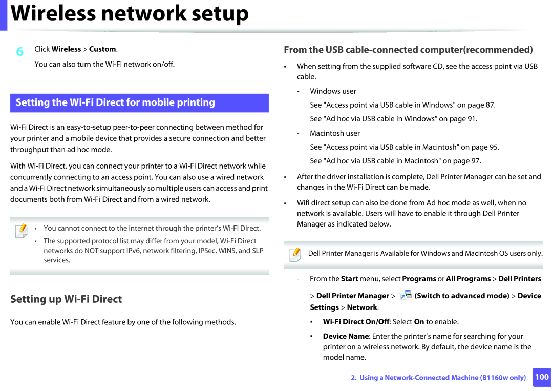 Dell B1160W Setting up Wi-Fi Direct, Setting the Wi-Fi Direct for mobile printing, Click Wireless Custom, Macintosh user 