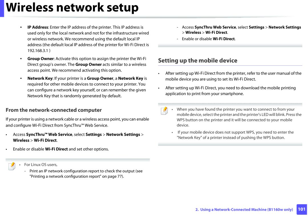 Dell B1160W manual Setting up the mobile device, Enable or disable Wi-Fi Direct and set other options 