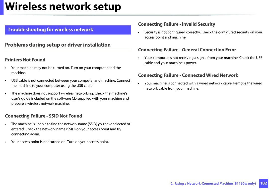 Dell B1160W manual Problems during setup or driver installation, Troubleshooting for wireless network 