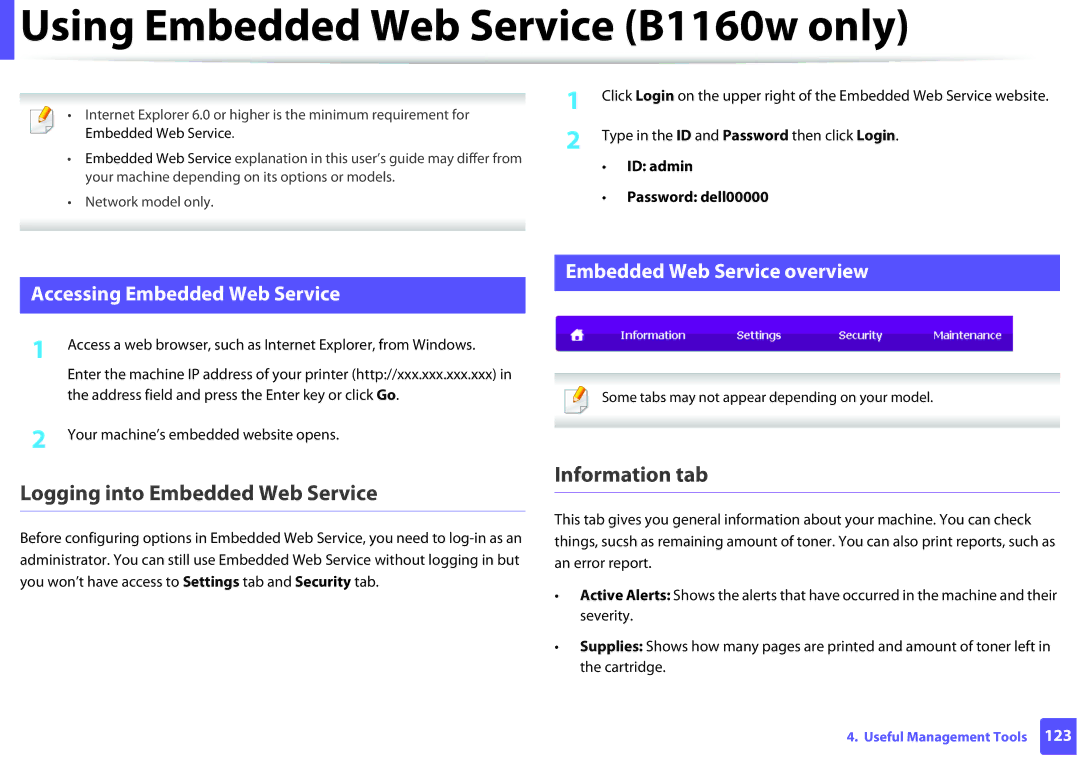 Dell B1160W manual Using Embedded Web Service B1160w only, Logging into Embedded Web Service, Information tab 