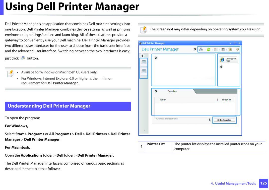 Dell B1160W Using Dell Printer Manager, Understanding Dell Printer Manager, Just click button, To open the program 