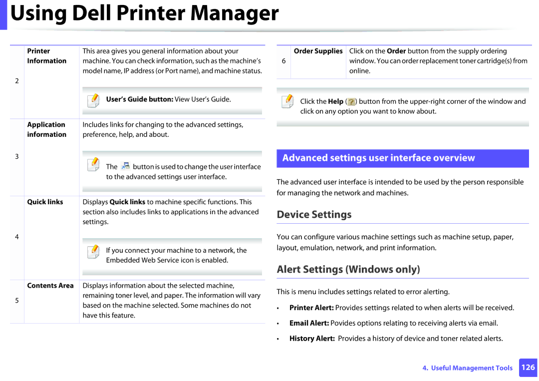 Dell B1160W manual Device Settings, Alert Settings Windows only, Advanced settings user interface overview 