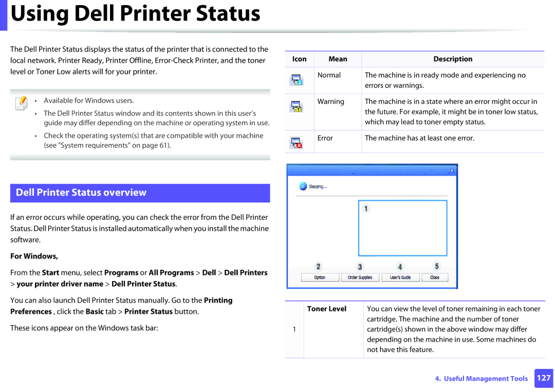 Dell B1160W manual Using Dell Printer Status, Dell Printer Status overview, These icons appear on the Windows task bar 