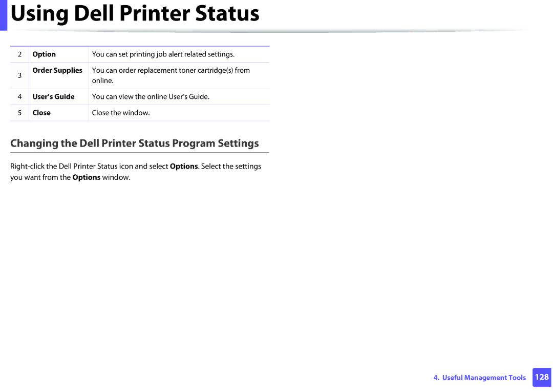 Dell B1160W manual Changing the Dell Printer Status Program Settings, Option, User’s Guide, Close 