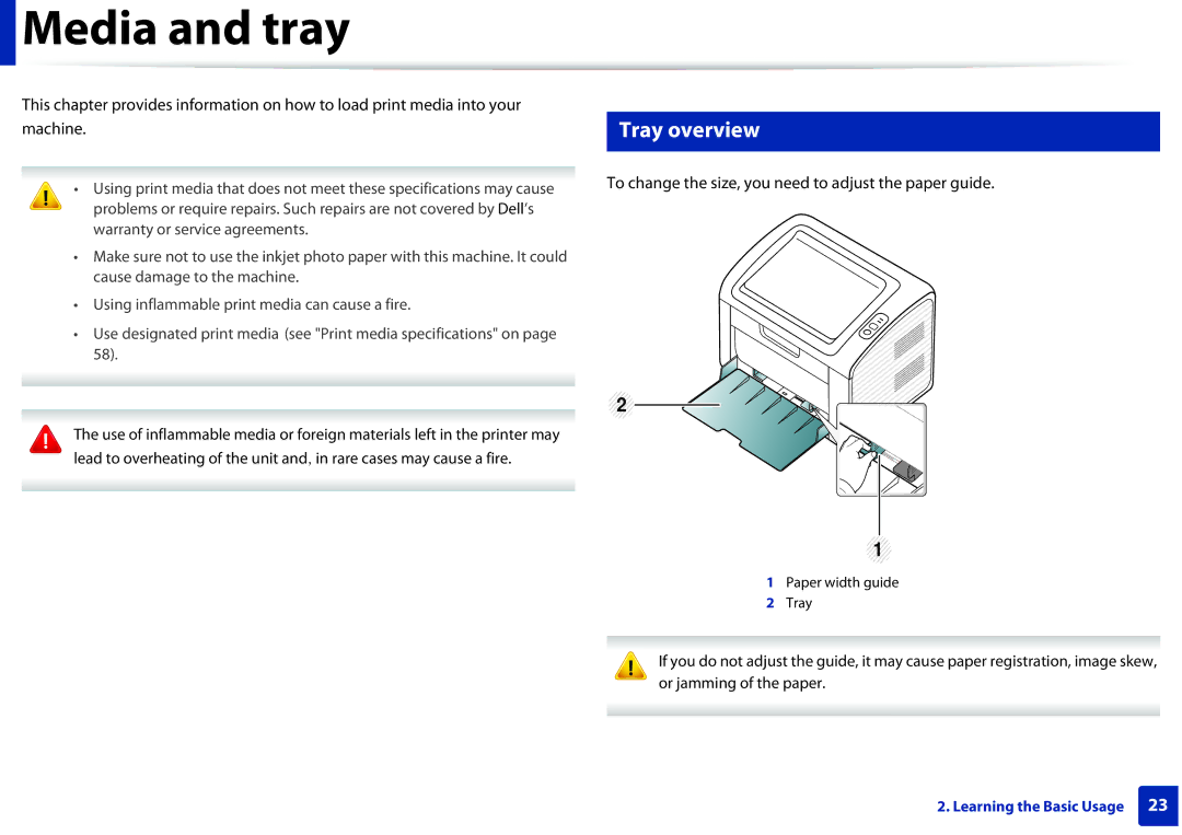 Dell B1160W manual Media and tray, Tray overview, To change the size, you need to adjust the paper guide 