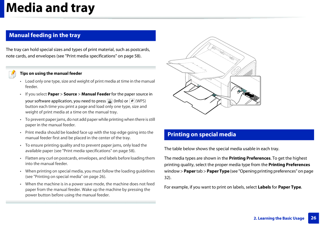 Dell B1160W Manual feeding in the tray, Printing on special media, Tips on using the manual feeder 