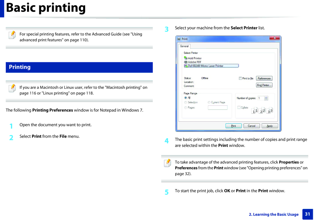 Dell B1160W manual Basic printing, Printing 