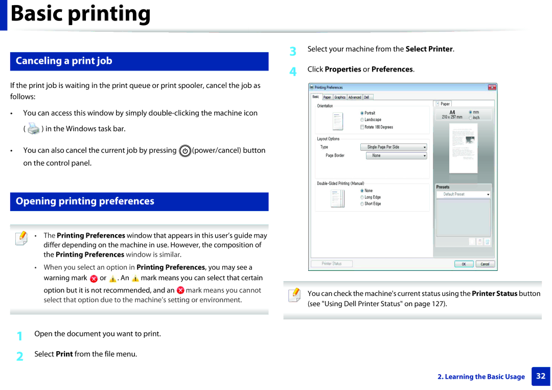 Dell B1160W manual Canceling a print job, Opening printing preferences, Click Properties or Preferences 