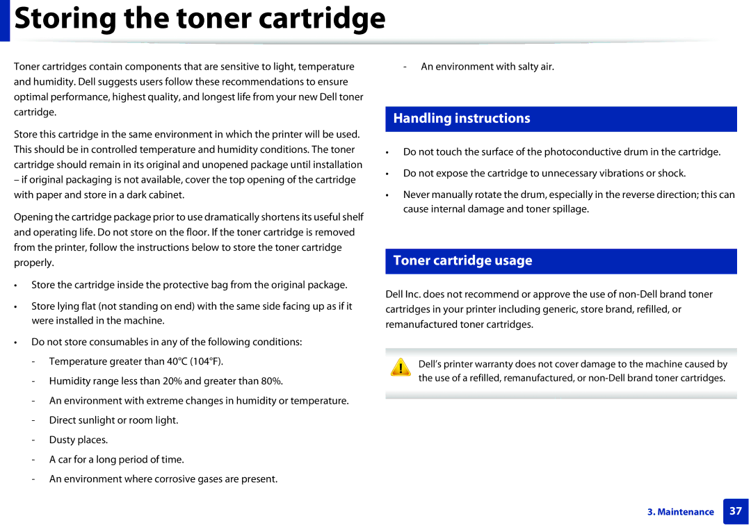 Dell B1160W manual Storing the toner cartridge, Handling instructions, Toner cartridge usage 