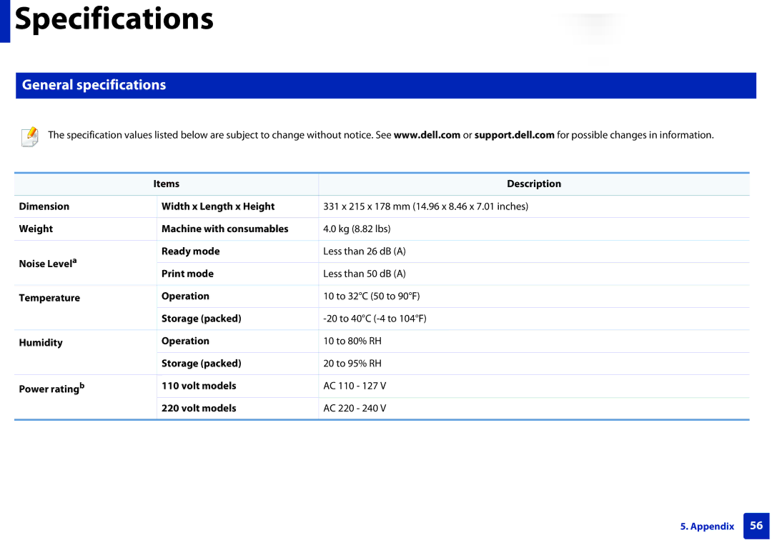 Dell B1160W manual Specifications, General specifications 