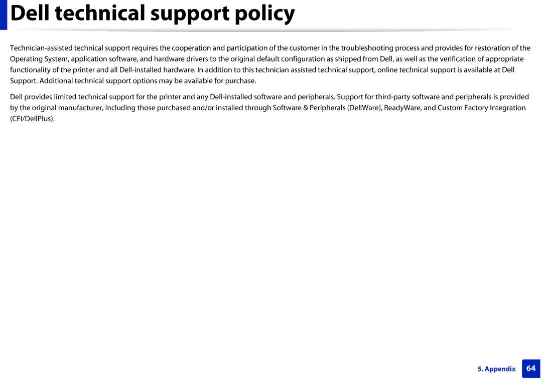 Dell B1160W manual Dell technical support policy 