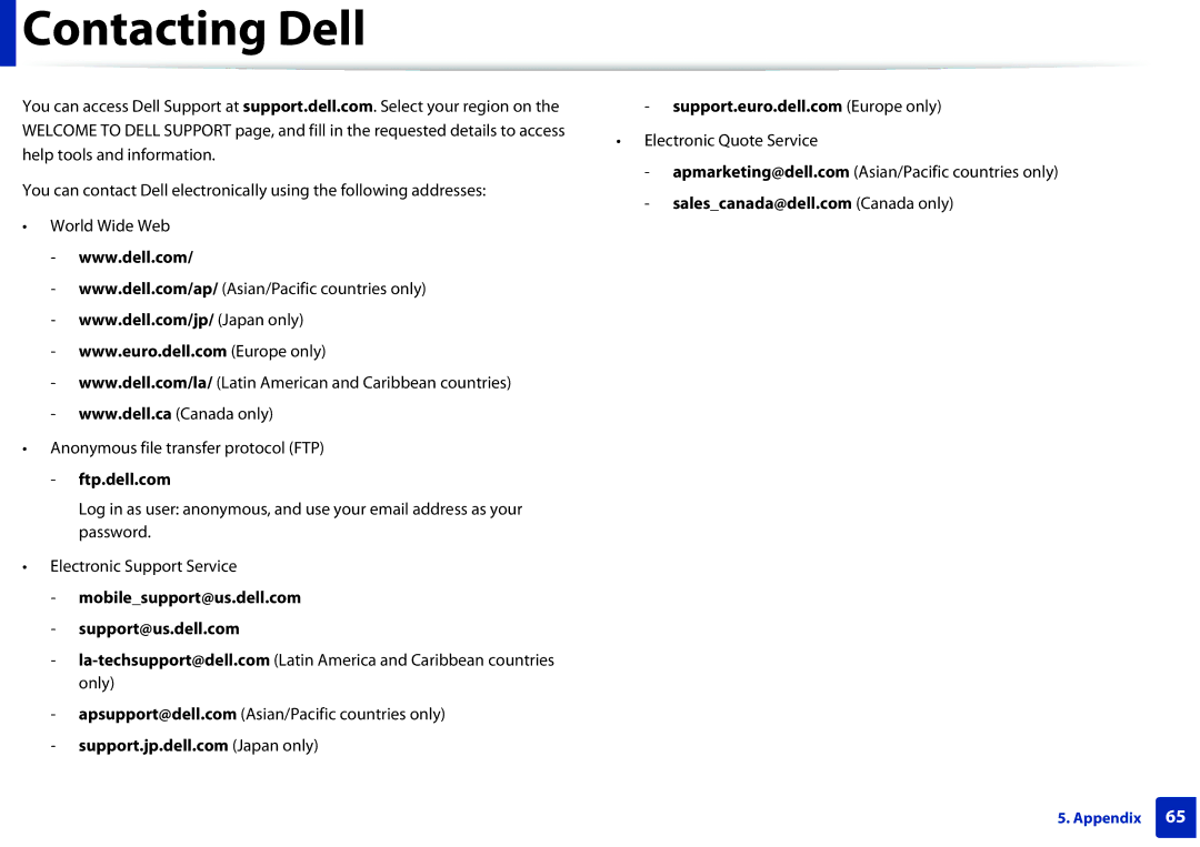 Dell B1160W manual Contacting Dell, Ftp.dell.com, Mobilesupport@us.dell.com Support@us.dell.com 