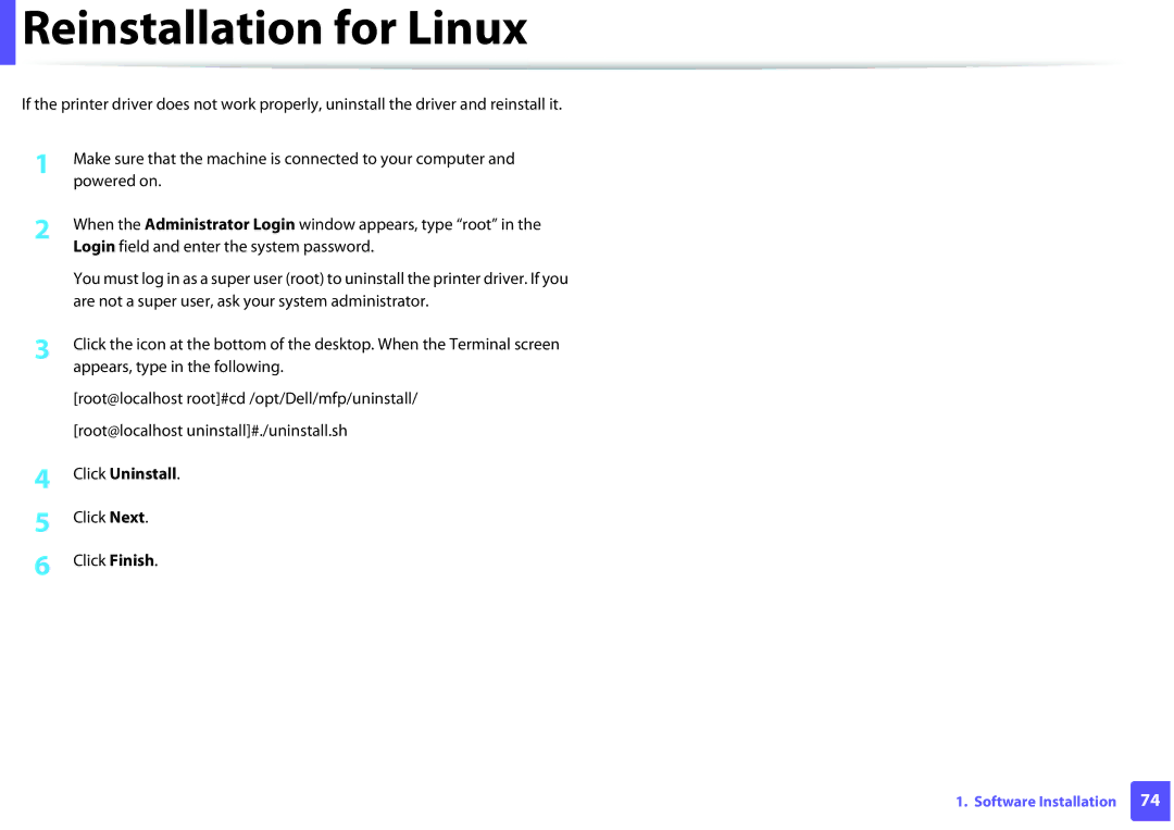 Dell B1160W manual Reinstallation for Linux, Click Uninstall, Click Next Click Finish 