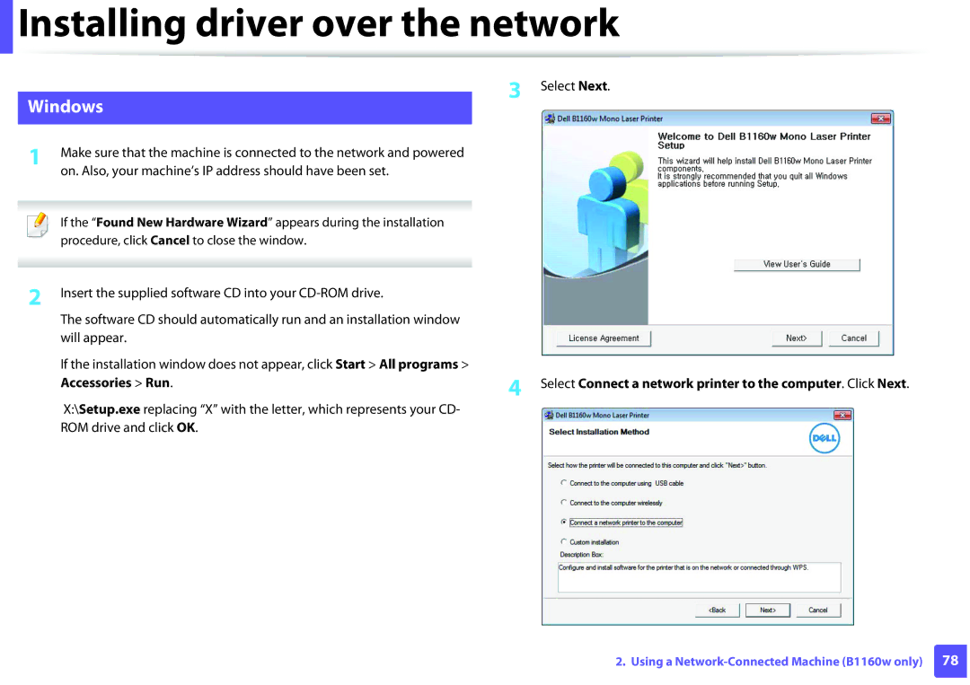 Dell B1160W manual Installing driver over the network, Select Connect a network printer to the computer. Click Next 