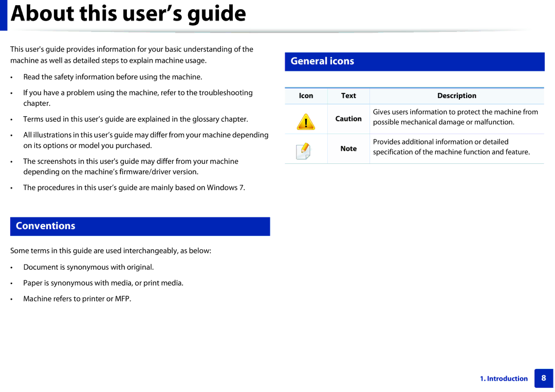 Dell B1160W manual About this user’s guide, General icons, Conventions, Chapter, Icon Text Description 