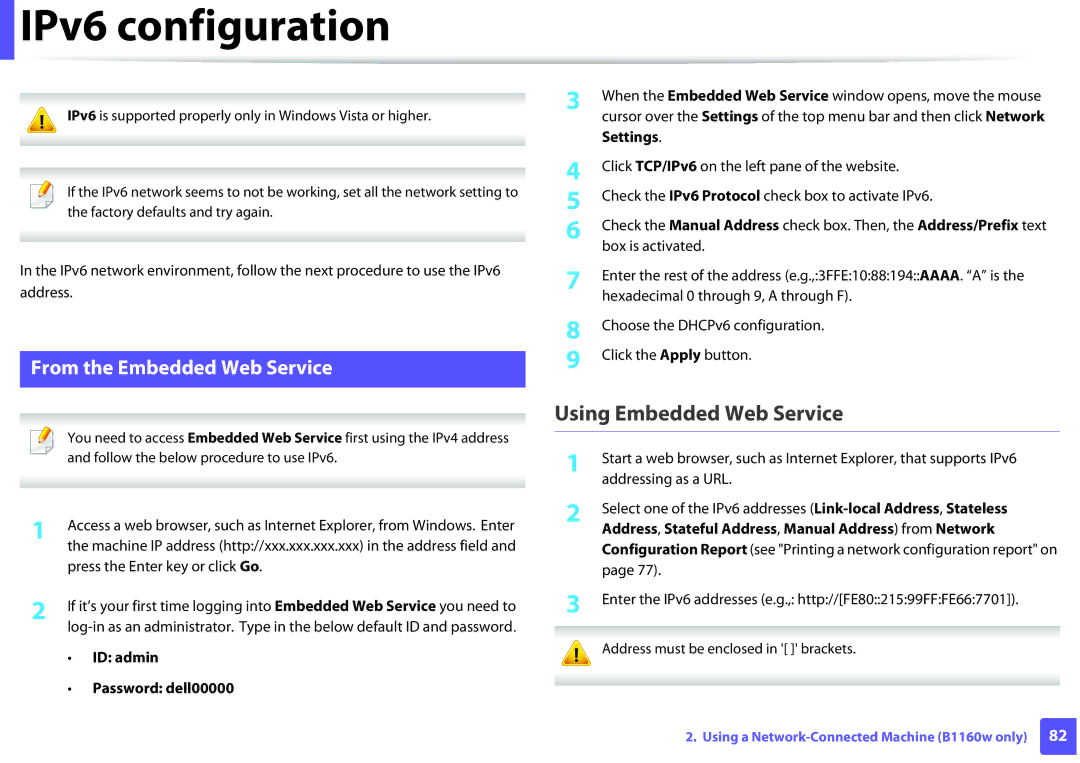 Dell B1160W IPv6 configuration, Using Embedded Web Service, From the Embedded Web Service, ID admin Password dell00000 