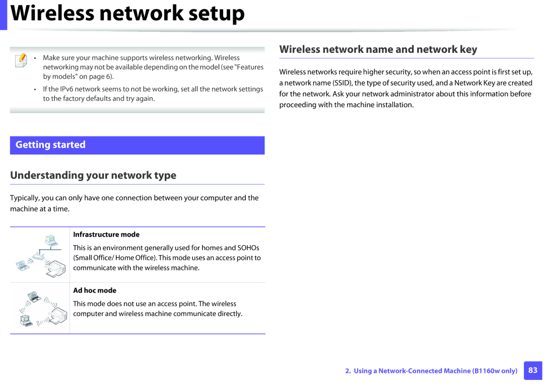 Dell B1160 Wireless network setup, Wireless network name and network key, Understanding your network type, Getting started 