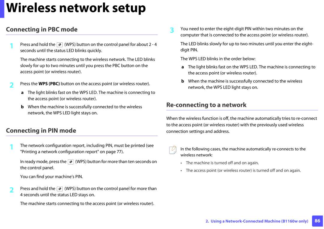 Dell B1160W manual Connecting in PBC mode, Connecting in PIN mode, Re-connecting to a network 