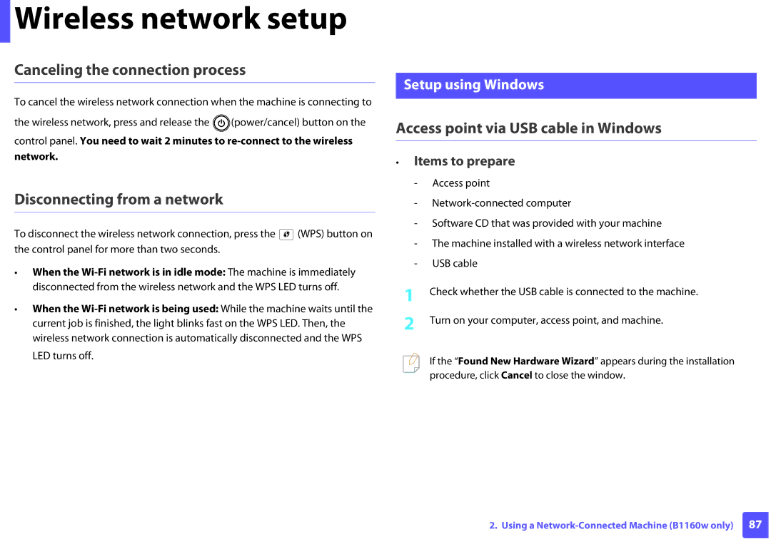 Dell B1160 Canceling the connection process, Disconnecting from a network, Access point via USB cable in Windows, Network 