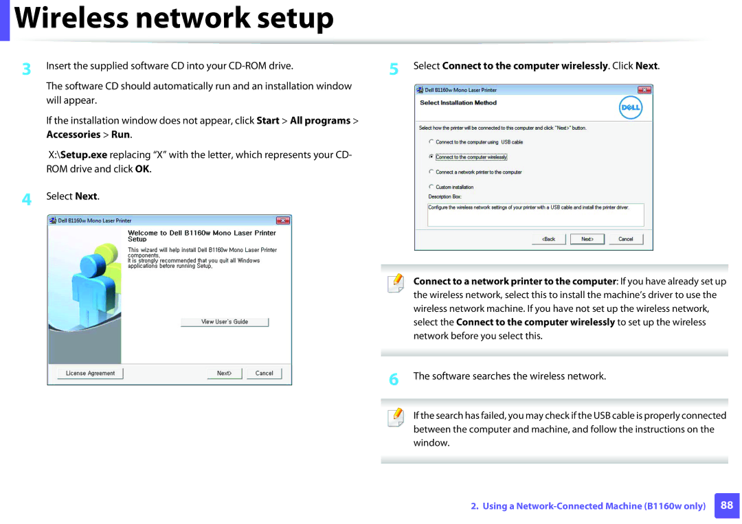 Dell B1160W Accessories Run, Software searches the wireless network, Select Connect to the computer wirelessly. Click Next 