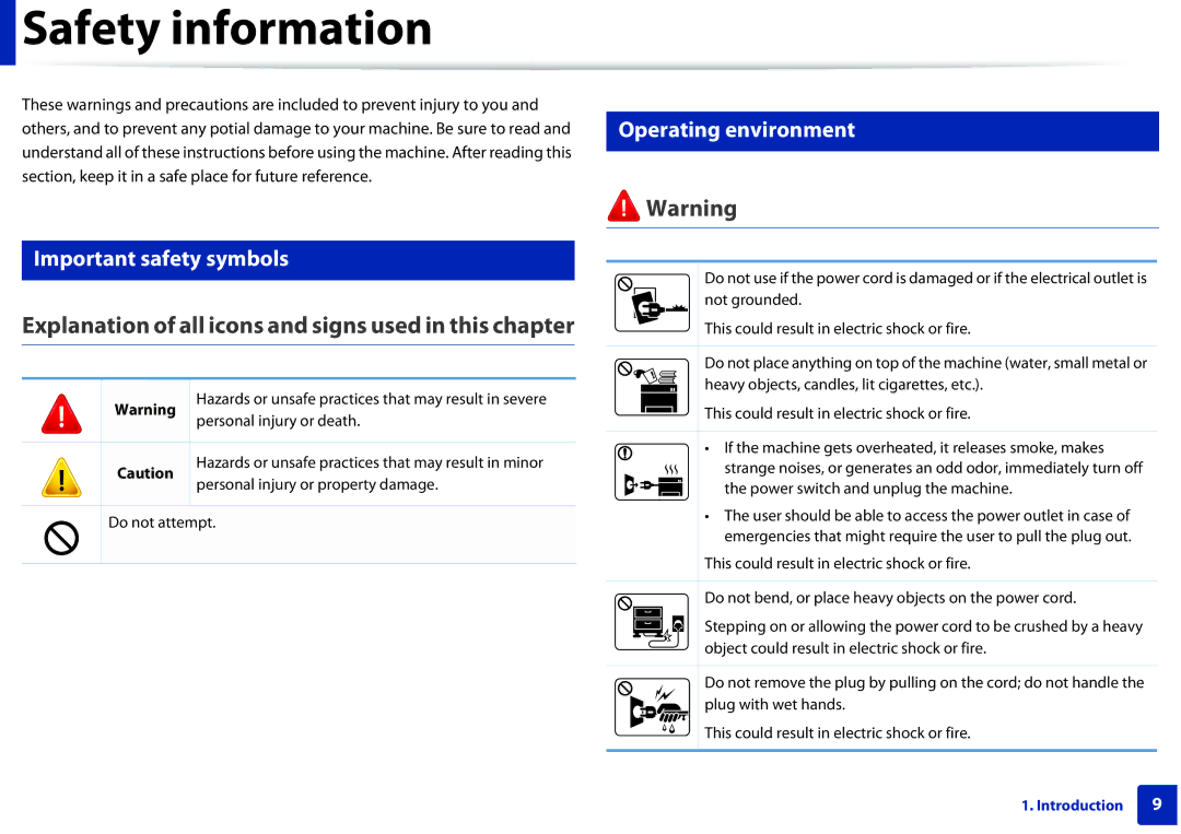 Dell B1160W manual Safety information, Important safety symbols, Operating environment 