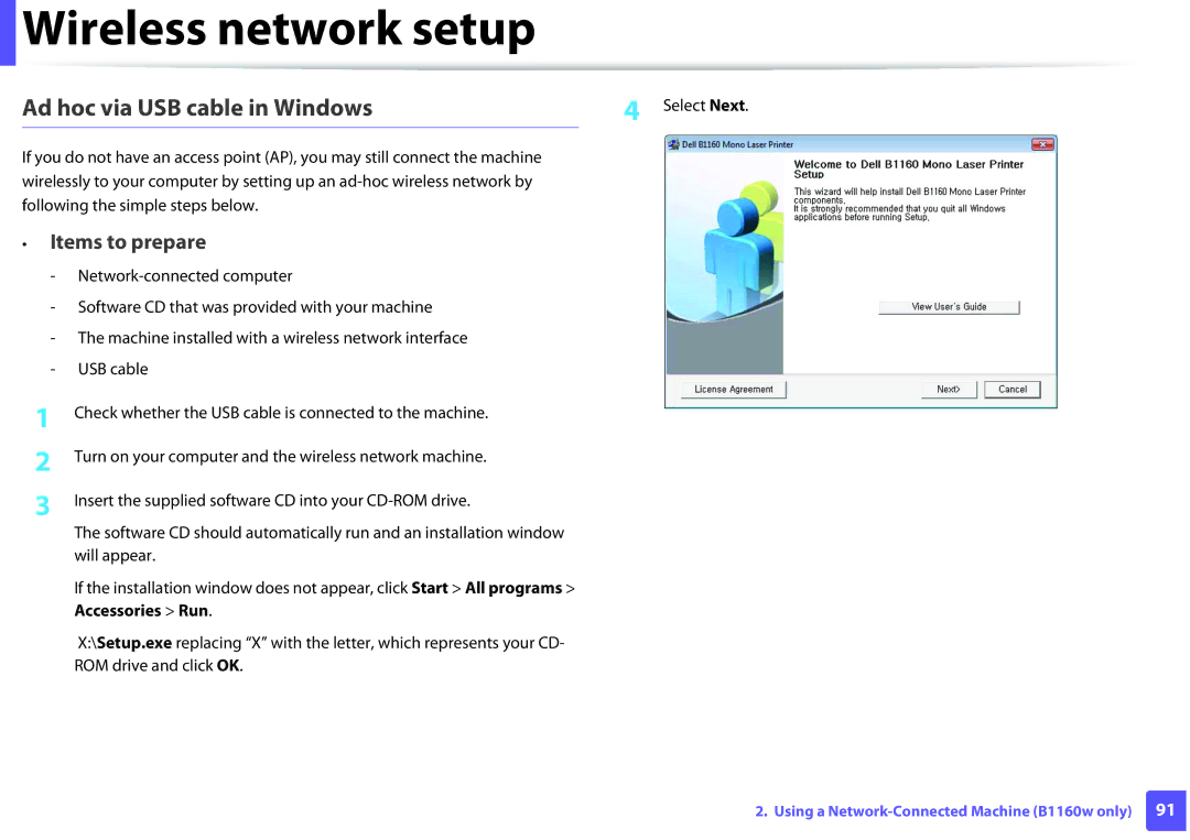 Dell B1160W manual Ad hoc via USB cable in Windows, Select Next 