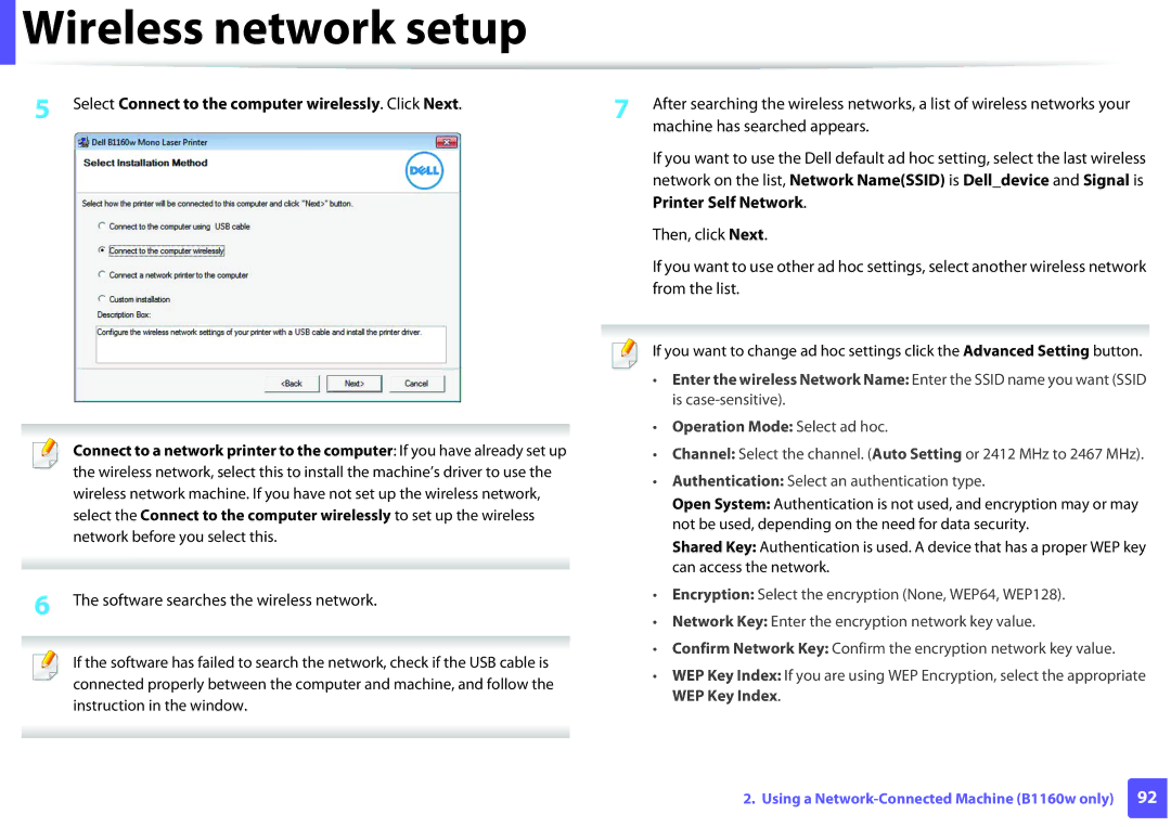 Dell B1160W manual Select Connect to the computer wirelessly. Click Next, Operation Mode Select ad hoc 