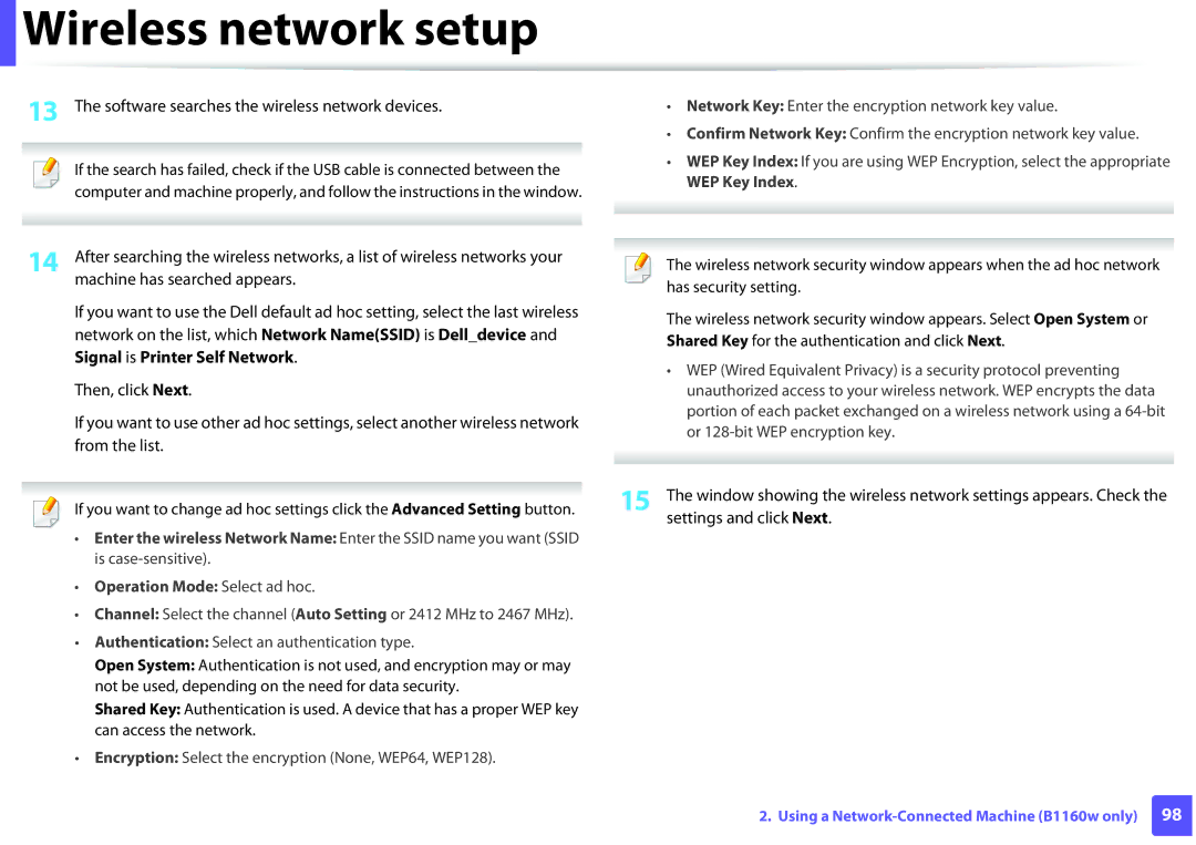 Dell B1160W manual Machine has searched appears, Network on the list, which Network NameSSID is Delldevice, From the list 