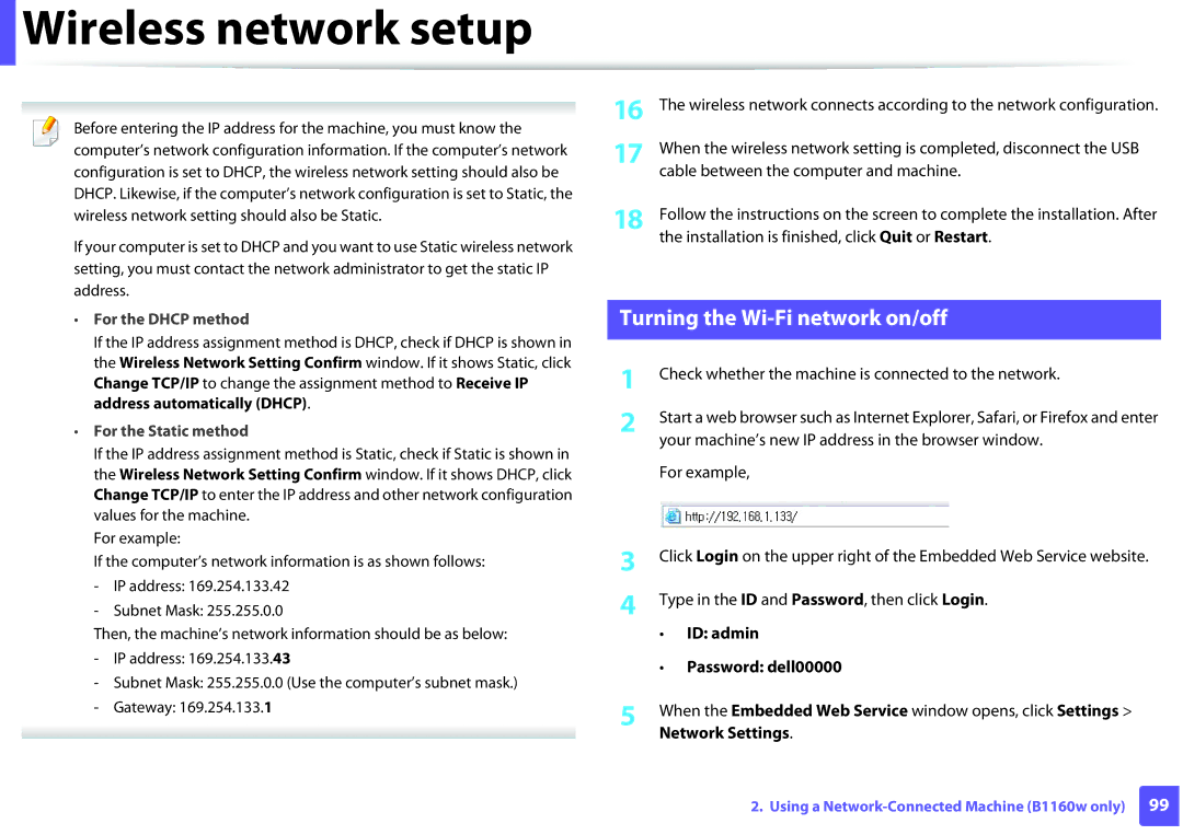 Dell B1160W manual Turning the Wi-Fi network on/off, Cable between the computer and machine 