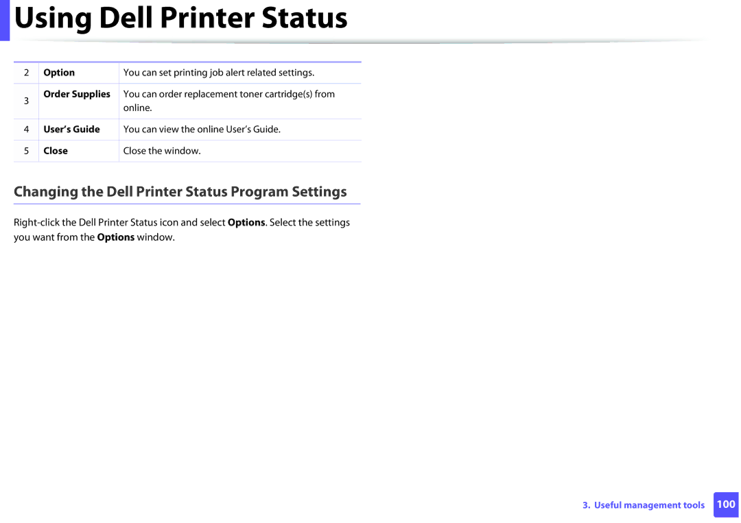 Dell B1260DN manual Changing the Dell Printer Status Program Settings, Option, User’s Guide, Close 