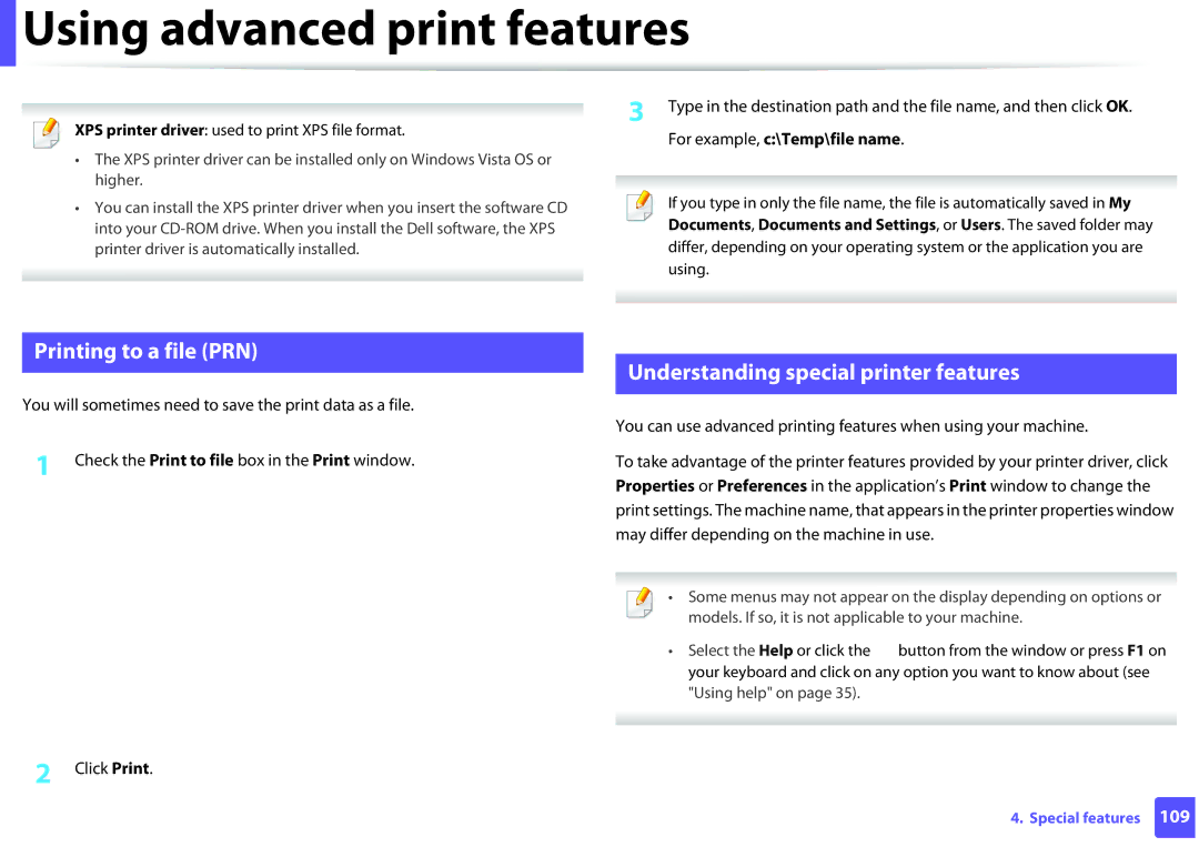 Dell B1260DN manual Using advanced print features, Printing to a file PRN, Understanding special printer features 