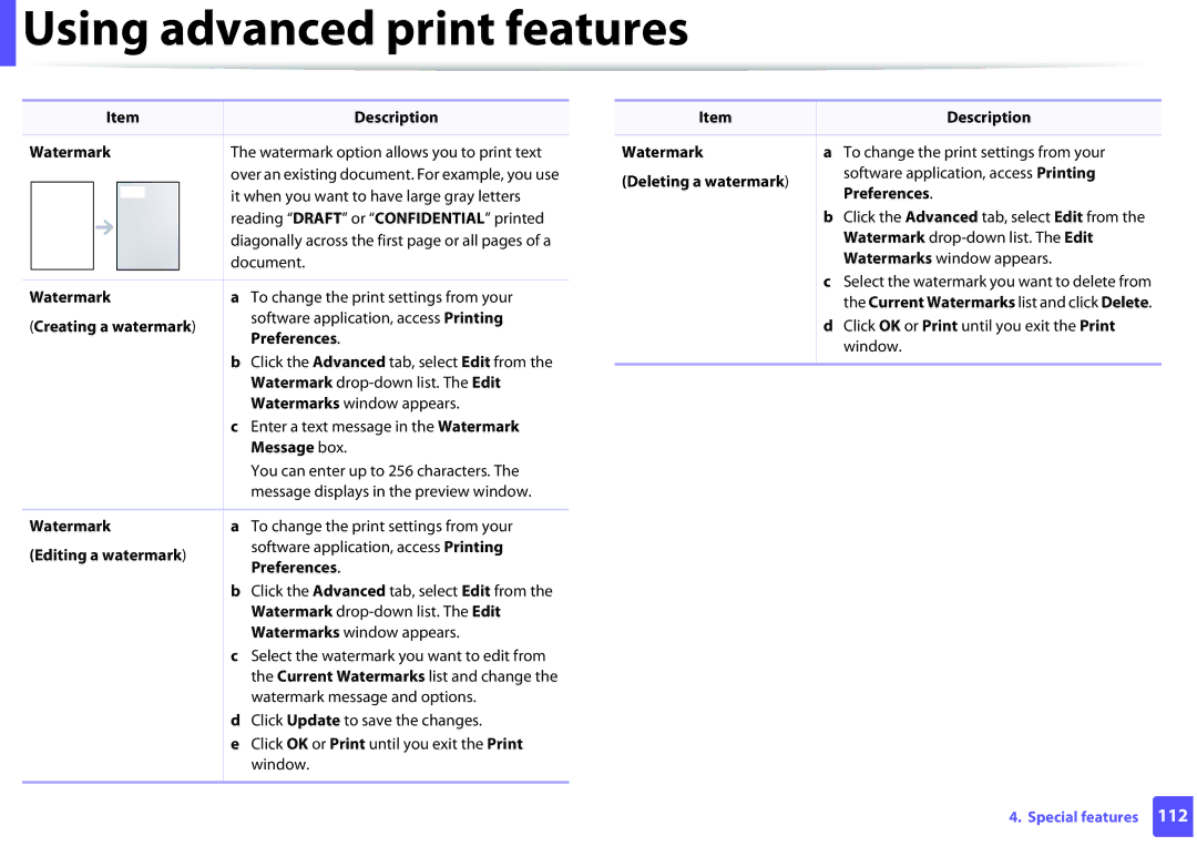 Dell B1260DN Watermark, Creating a watermark, Message box, Editing a watermark, Click OK or Print until you exit the Print 