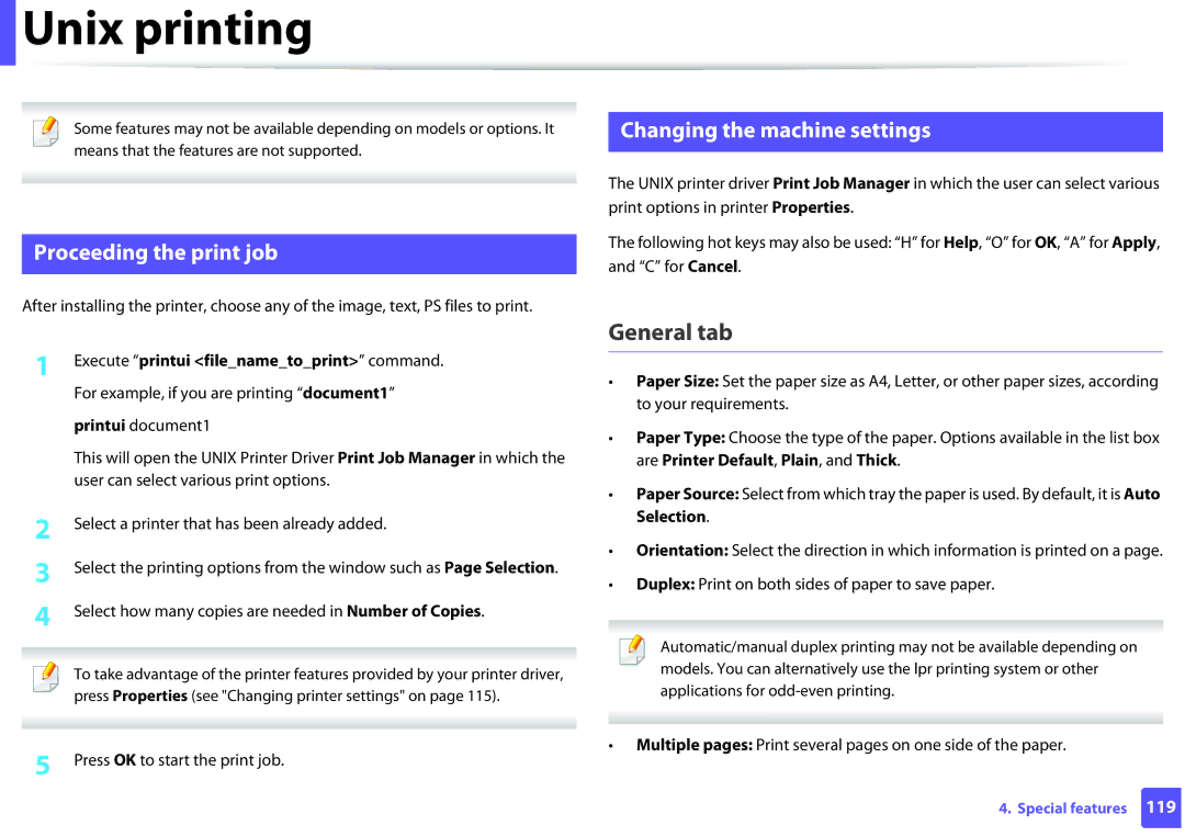 Dell B1260DN manual Unix printing, General tab, Proceeding the print job, Changing the machine settings 