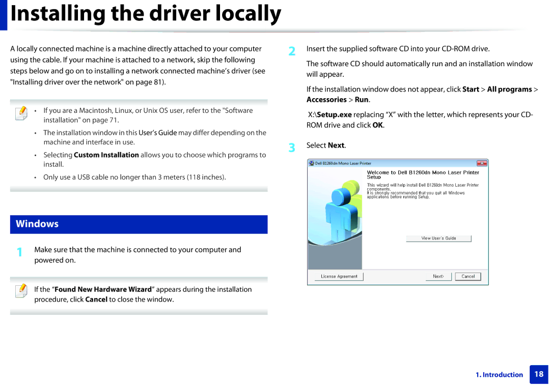 Dell B1260DN manual Installing the driver locally, Windows 