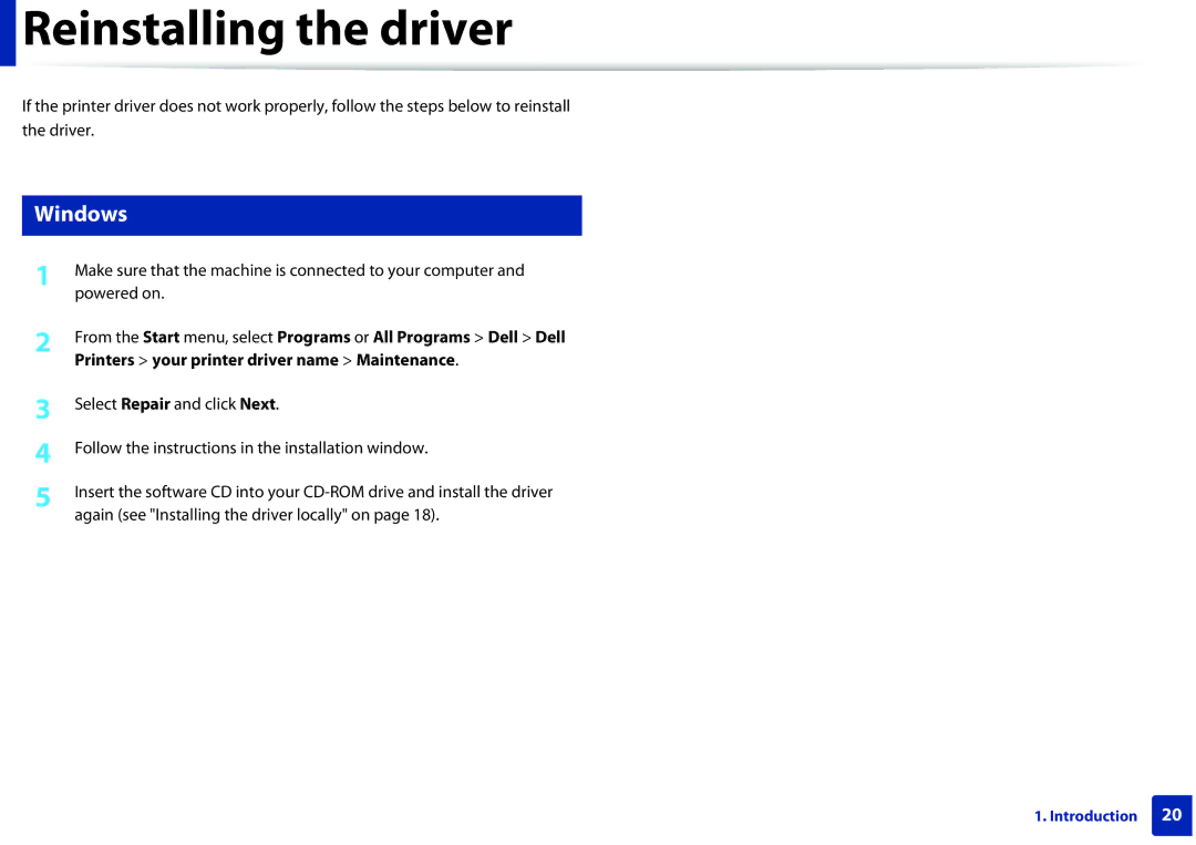 Dell B1260DN manual Reinstalling the driver 