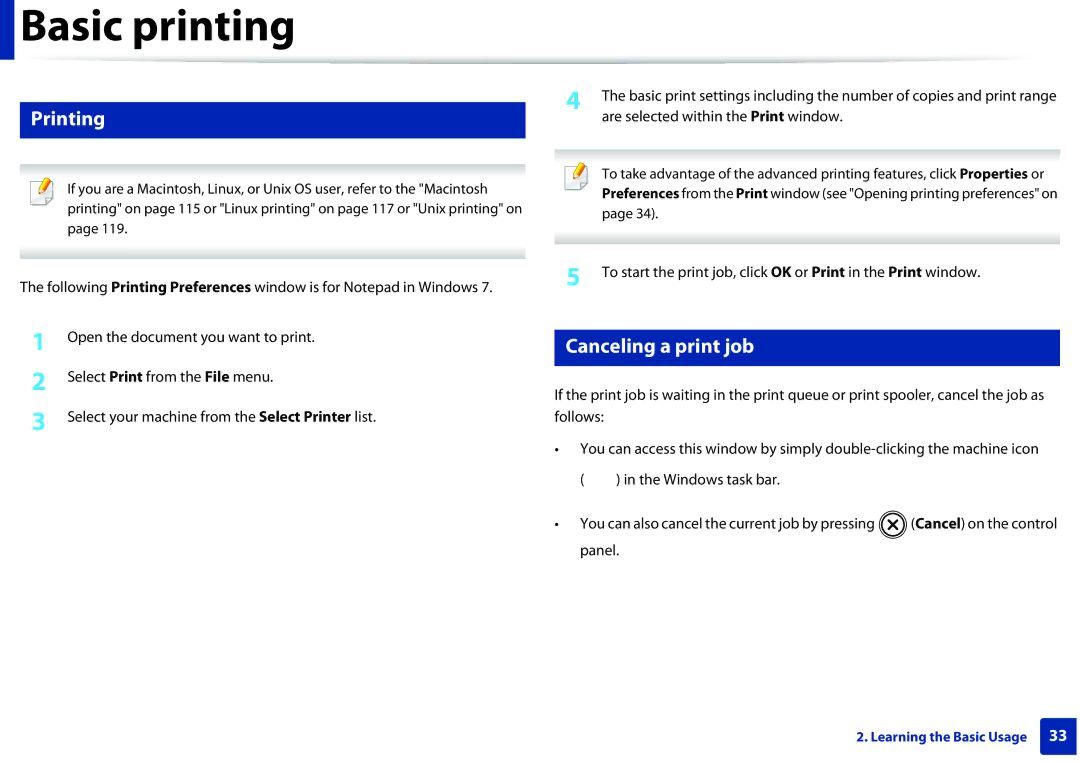 Dell B1260DN manual Basic printing, Printing, Canceling a print job 