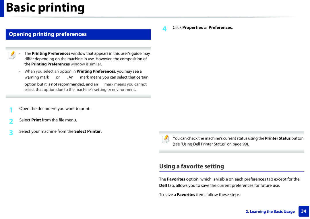 Dell B1260DN manual Using a favorite setting, Opening printing preferences, Click Properties or Preferences 