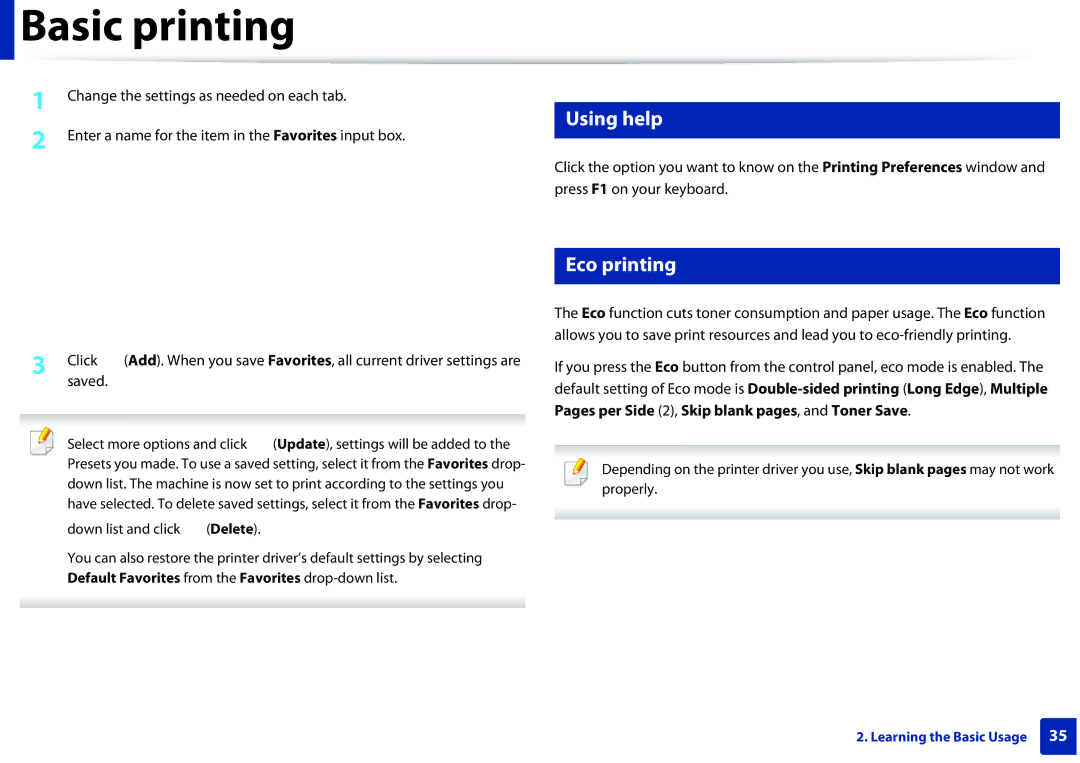 Dell B1260DN manual Using help, Eco printing 