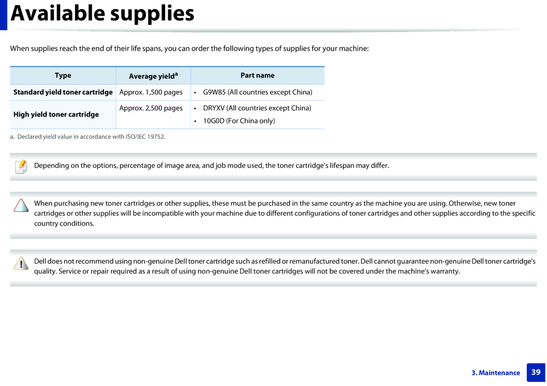 Dell B1260DN manual Available supplies, High yield toner cartridge 