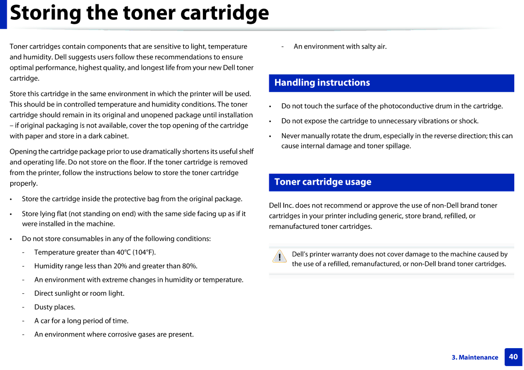 Dell B1260DN manual Storing the toner cartridge, Handling instructions, Toner cartridge usage 